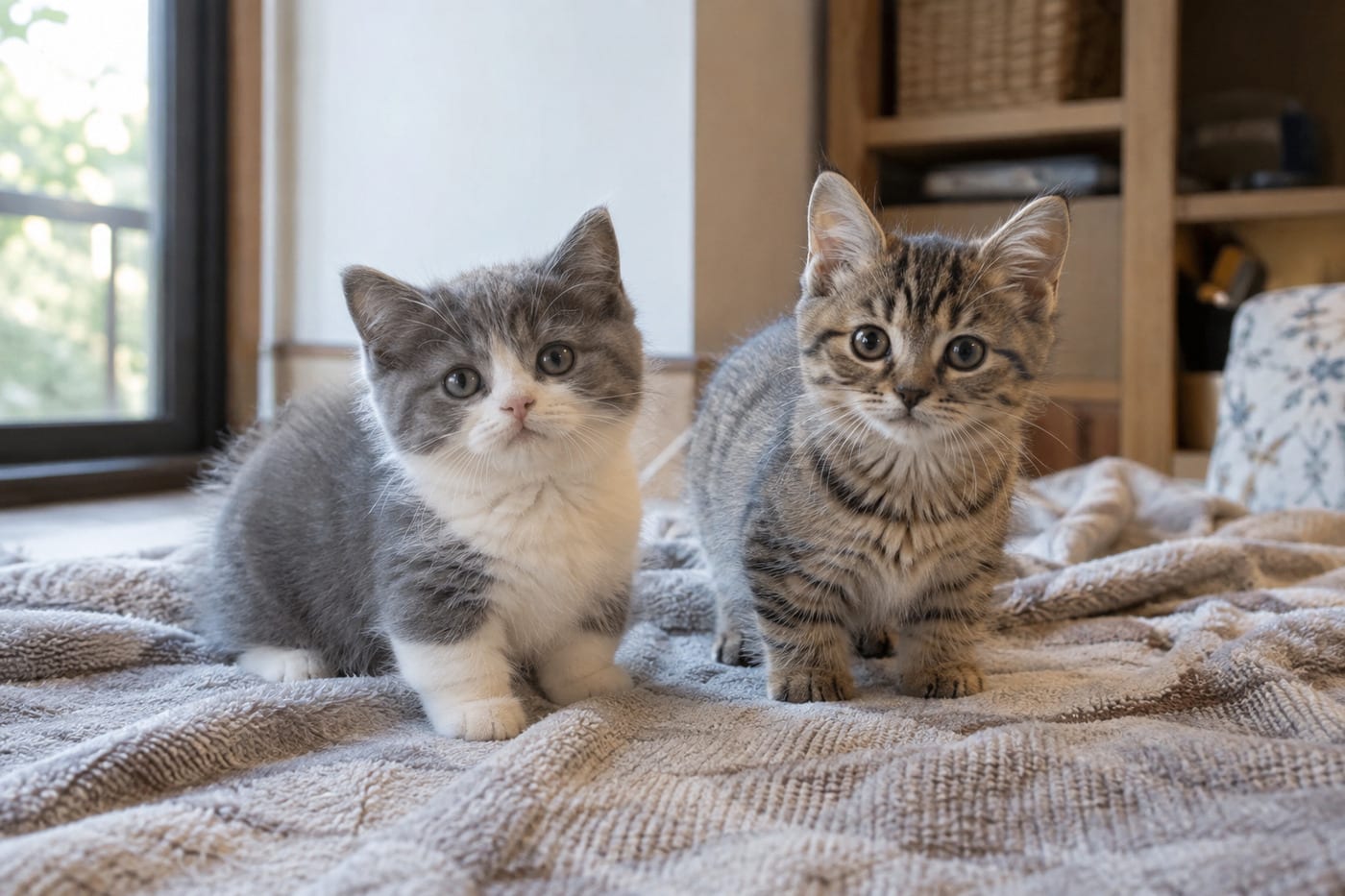 並んで座るミヌエットの子猫とマンチカンの子猫