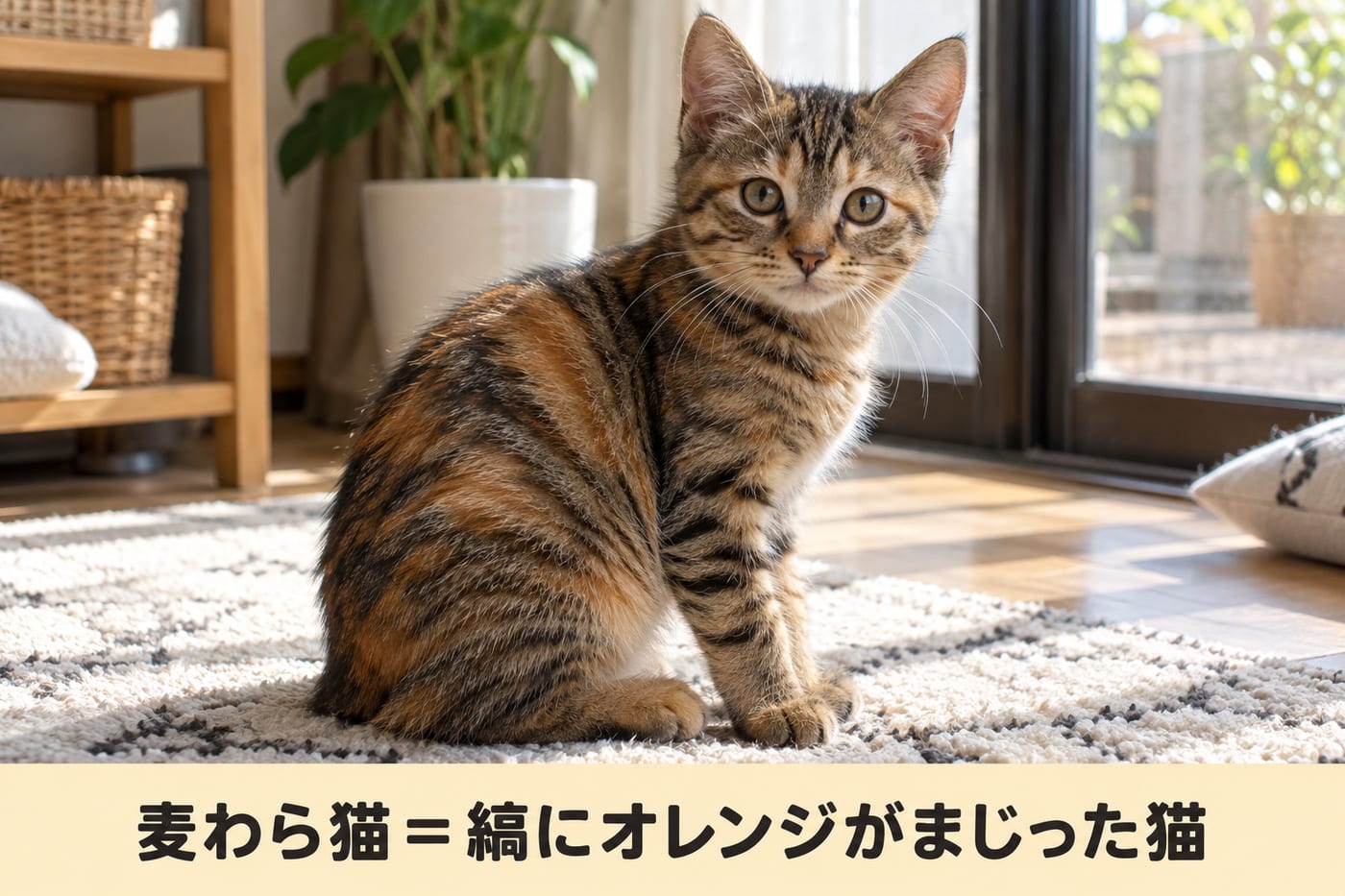 「麦わら猫＝縞にオレンジがまじった猫」の文字と、茶色と黒の縞にオレンジのまだらが混ざった短毛の子猫が、ラグの上に座って、耳を立ててこちらを見ている