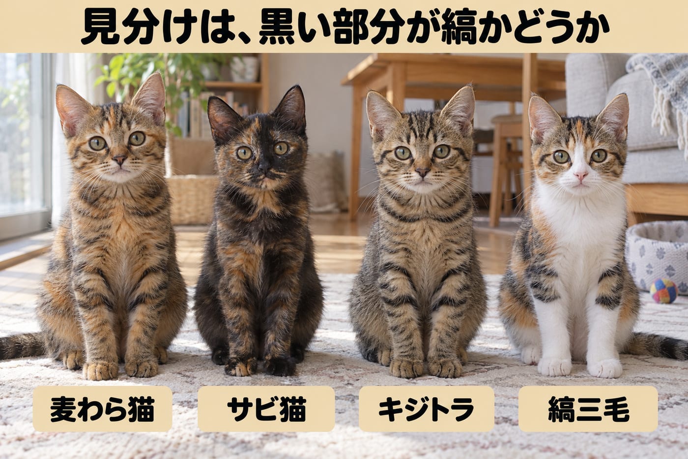 「見分けは、黒い部分が縞かどうか」の文字と、左から麦わら猫・サビ猫・キジトラ・縞三毛の子猫4匹が並んで座り、それぞれの下に名前の札がある