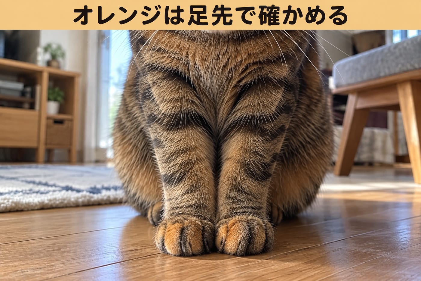 「オレンジは足先で確かめる」の文字と、前足をそろえて座る麦わら猫の足先のアップ。茶色の縞のある足の先に、オレンジ色の毛が見える