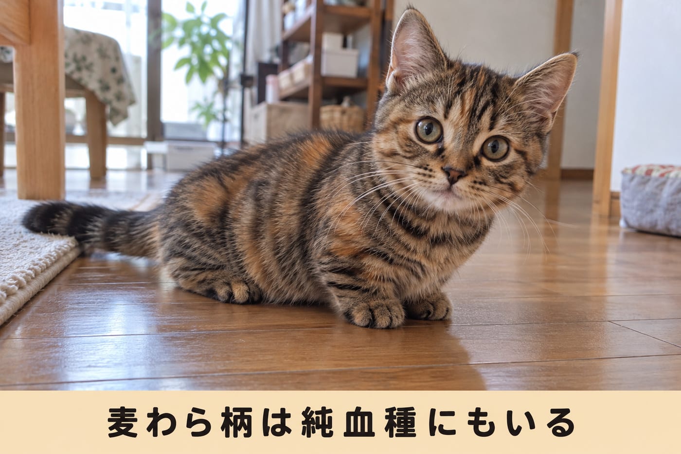 「麦わら柄は純血種にもいる」の文字と、ブラウンパッチドタビーのマンチカンの子猫が、フローリングに伏せてこちらを見ている。茶色と黒の縞にオレンジのまだらが混ざり、耳はピンと立っている