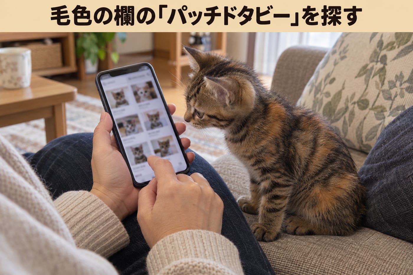 ソファでスマホの子猫一覧を見ている人の手元と、画面をのぞきこむ、茶色と黒の縞にオレンジのまだらが混ざった子猫。写真の上に「毛色の欄の「パッチドタビー」を探す」の文字がある