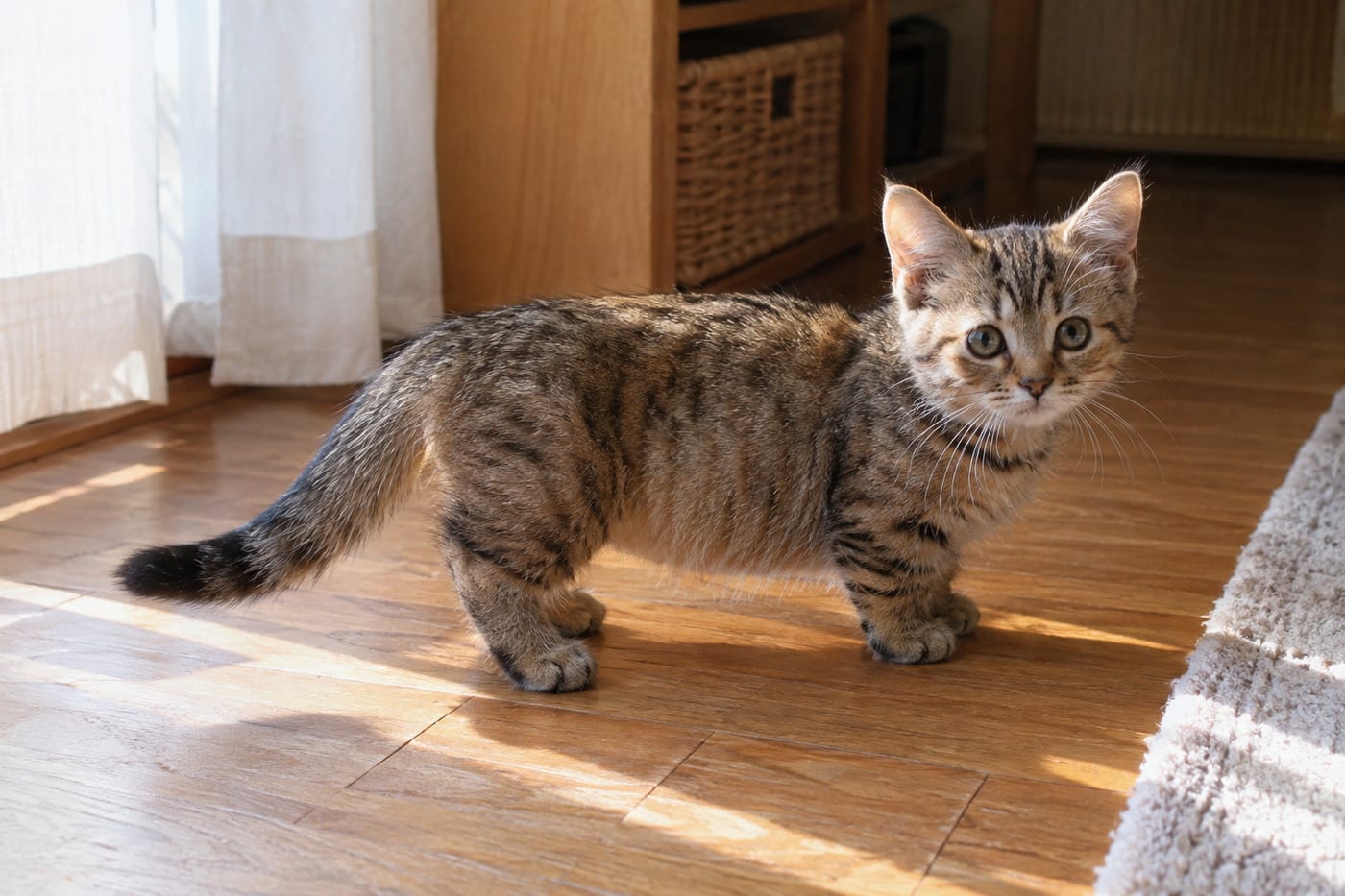 横向きに立ってこちらを見る、足の短いマンチカンの子猫。頭や胴の大きさはふつうの子猫と同じで、足だけが短い