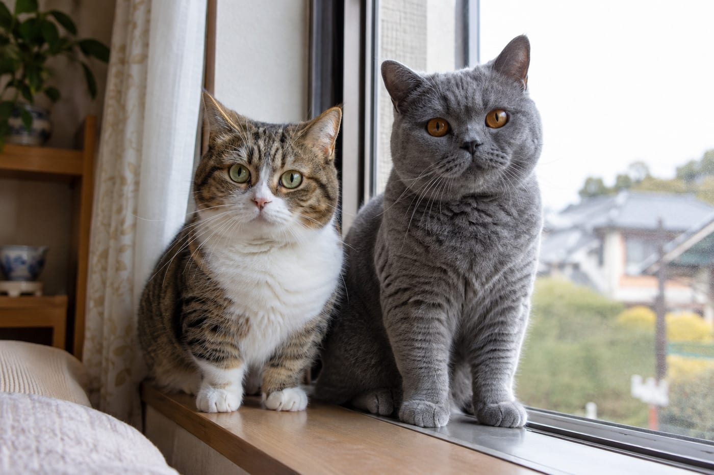 窓辺に並んで座る、足の短いマンチカンの成猫と、がっしりした体つきのブリティッシュショートヘアの成猫