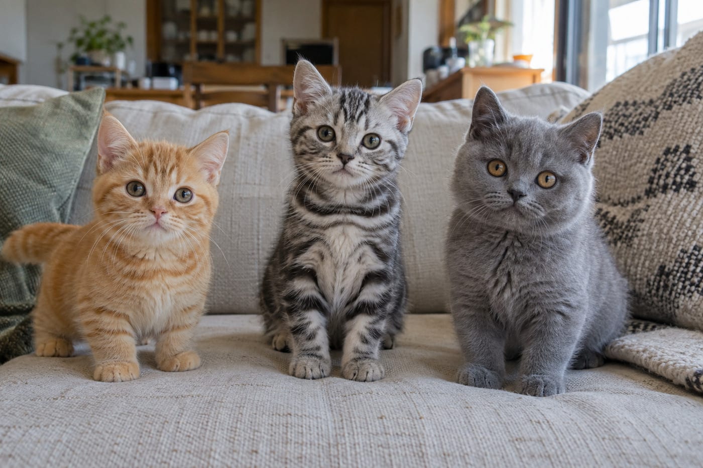 ソファに並んで座る、足の短いマンチカンの子猫、縞のアメリカンショートヘアの子猫、丸い顔のブリティッシュショートヘアの子猫