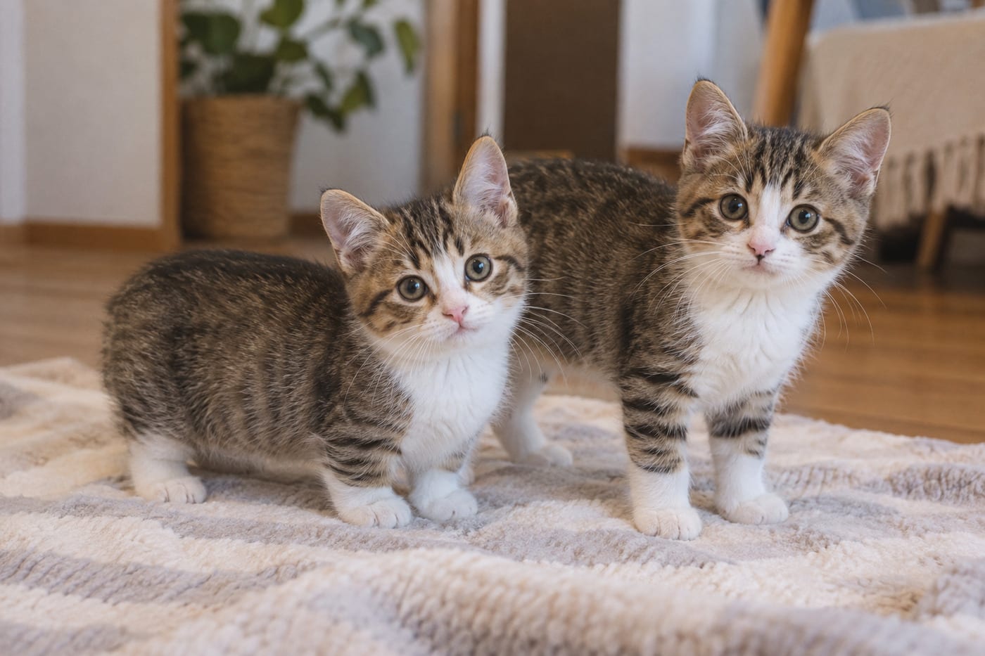 寄り添って座る、足の短いマンチカンの子猫と、足の長いマンチカンの子猫。同じ腹の兄弟で、足の長さだけが違う