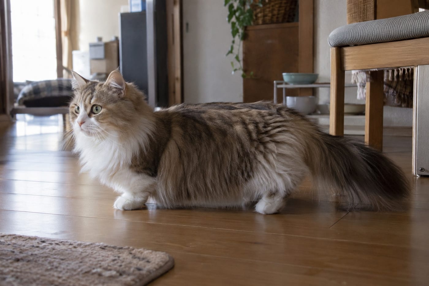 首まわりと尾の毛がなめらかに流れる、足の短い長毛のマンチカンの成猫