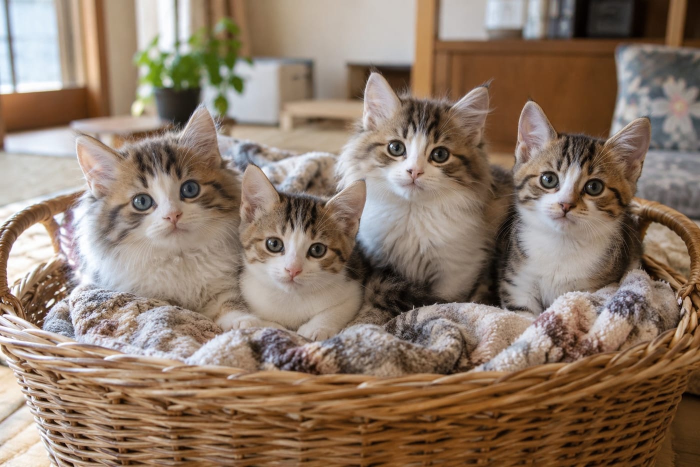 かごの中で寄り添う子猫たち。毛がふわっと長い子と、短くなめらかな子が混ざっている