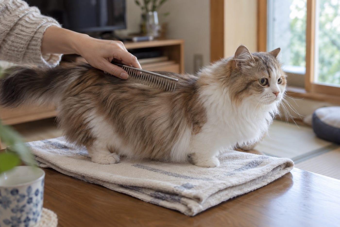 長毛のマンチカンの背中を、目の粗いコームでとかす飼い主さんの手元