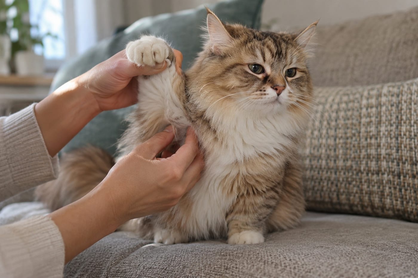 長毛のマンチカンの前足をそっと持ち上げ、脇の下の毛の状態を確かめる飼い主さんの手元