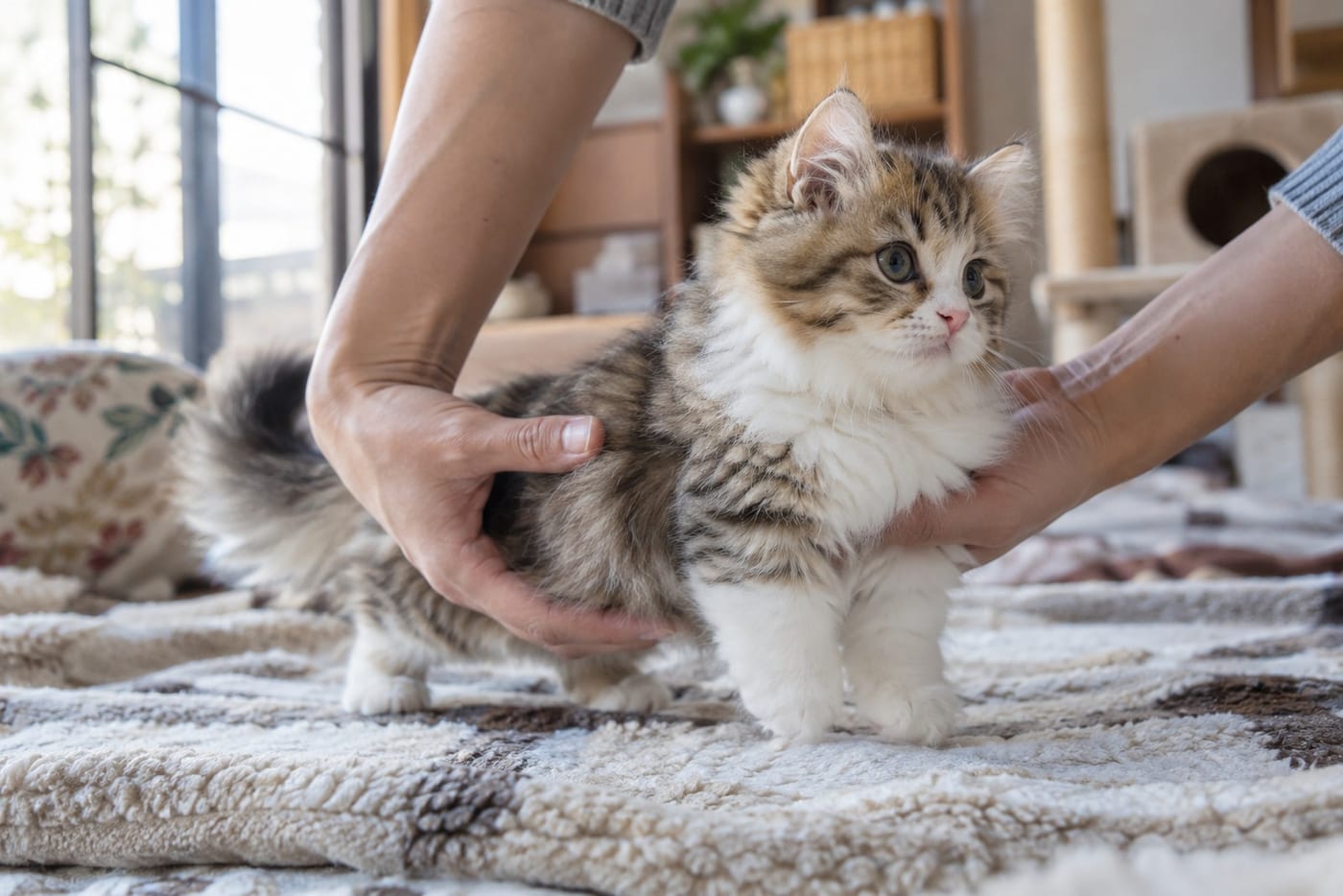 長毛のマンチカンの子猫を両手でそっと支え、毛並みを近くで確かめる人の手元