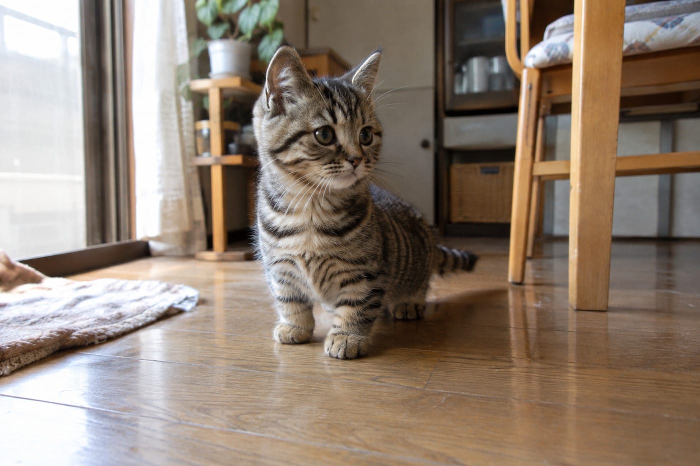 床に座る、ブラウンタビー（キジトラ）のマンチカンの子猫。茶色の体に黒い縞があり、耳はピンと立っている