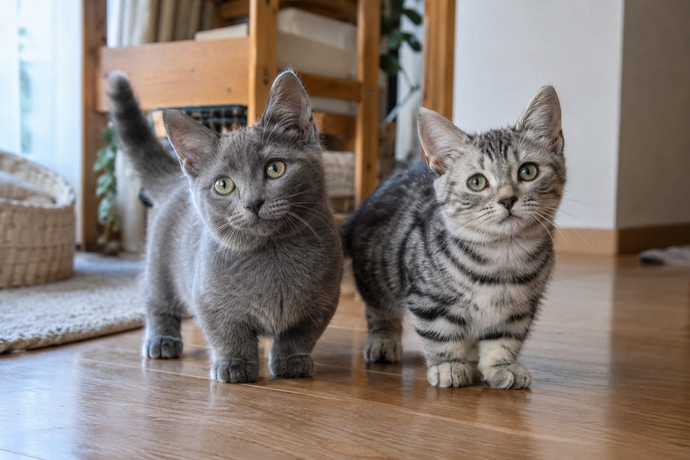 並んで座る、ブルー（灰色）のマンチカンの子猫と、シルバータビー（銀色に黒い縞）のマンチカンの子猫。耳はどちらもピンと立っている