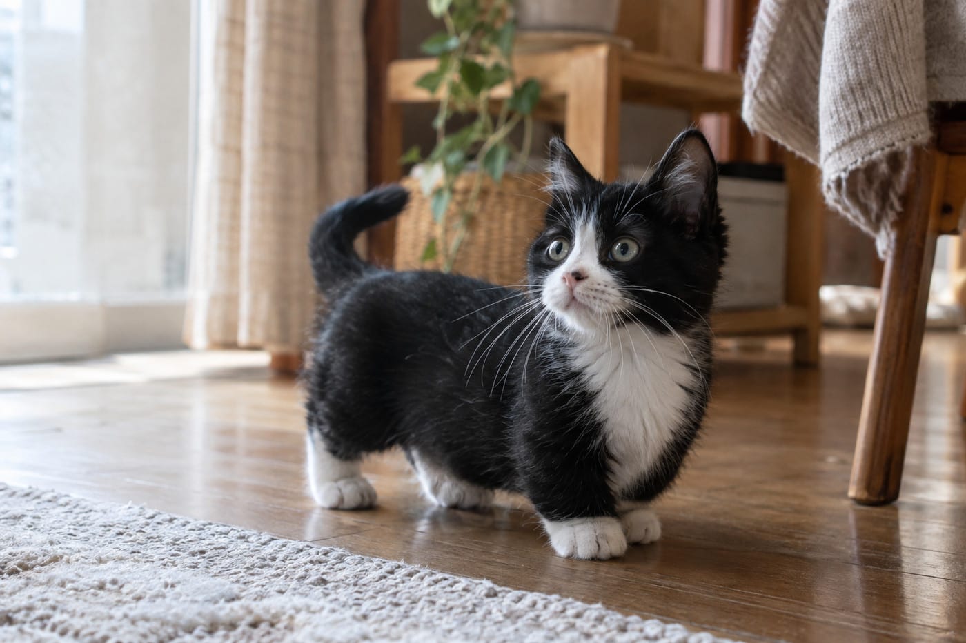 ブラック＆ホワイト（黒白）のマンチカンの子猫。体は黒く、胸と足先、鼻のまわりが白い