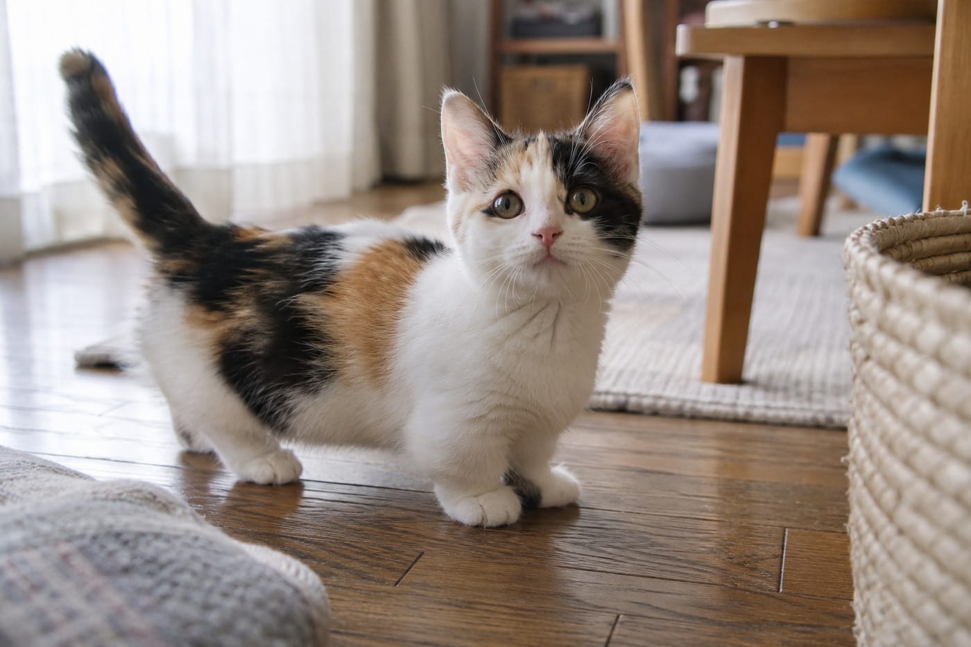 白い体に、黒と薄いオレンジのまだらが入った、キャリコ（三毛）のマンチカンの子猫。耳はピンと立っている