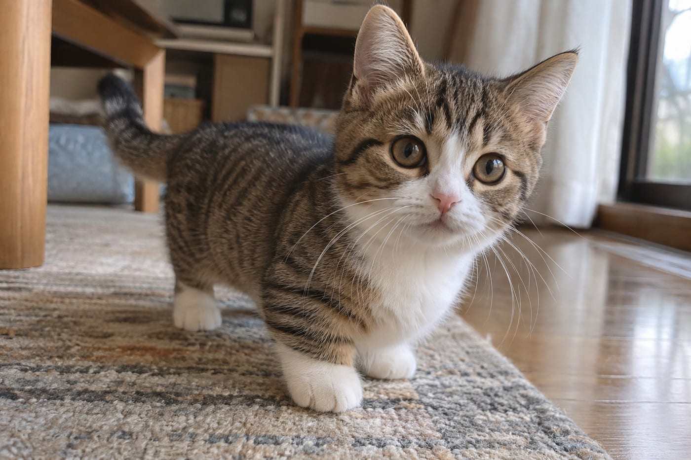 ブラウンタビー＆ホワイト（キジ白）のマンチカンの子猫の顔のアップ。茶色の縞の顔で、鼻のまわりと口元が白く、目は金色