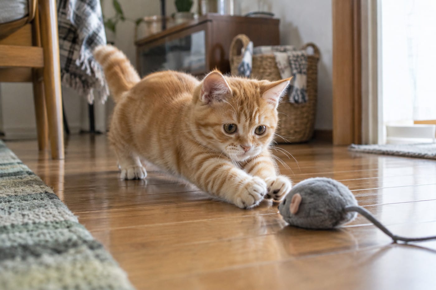 木の床の上で、短い脚のマンチカンの子猫が前足を伸ばし、おもちゃのねずみに飛びつこうとしている