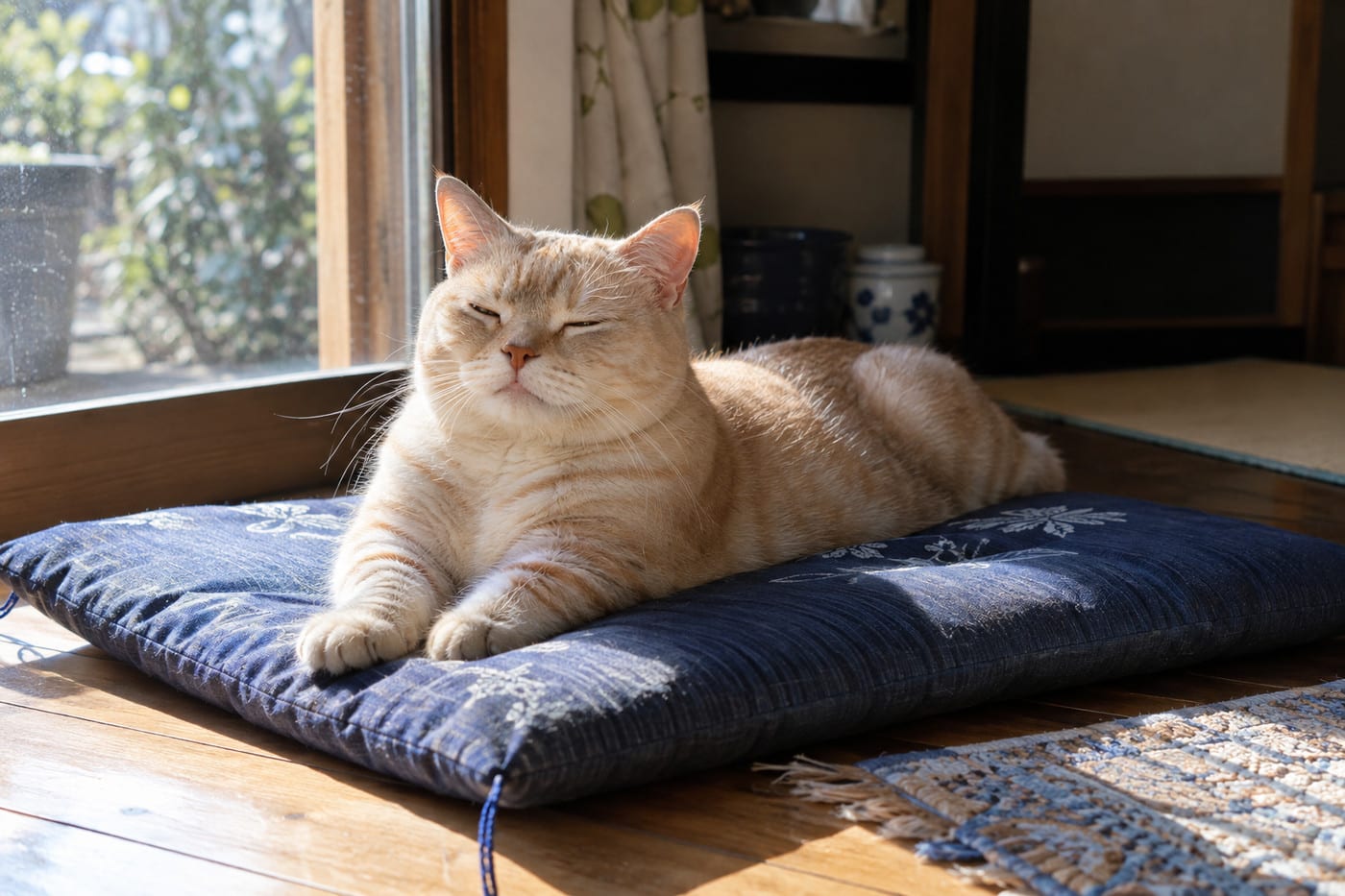 日の当たる窓辺の座布団で、クリーム色の縞の成猫のマンチカンが、前足を伸ばして目を細めている