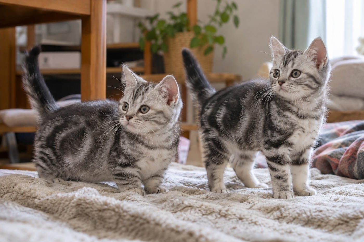 同じ毛布の上に並んで座る、脚の短いマンチカンの子猫と、脚の長いマンチカンの子猫。2頭ともカメラのほうを見ている