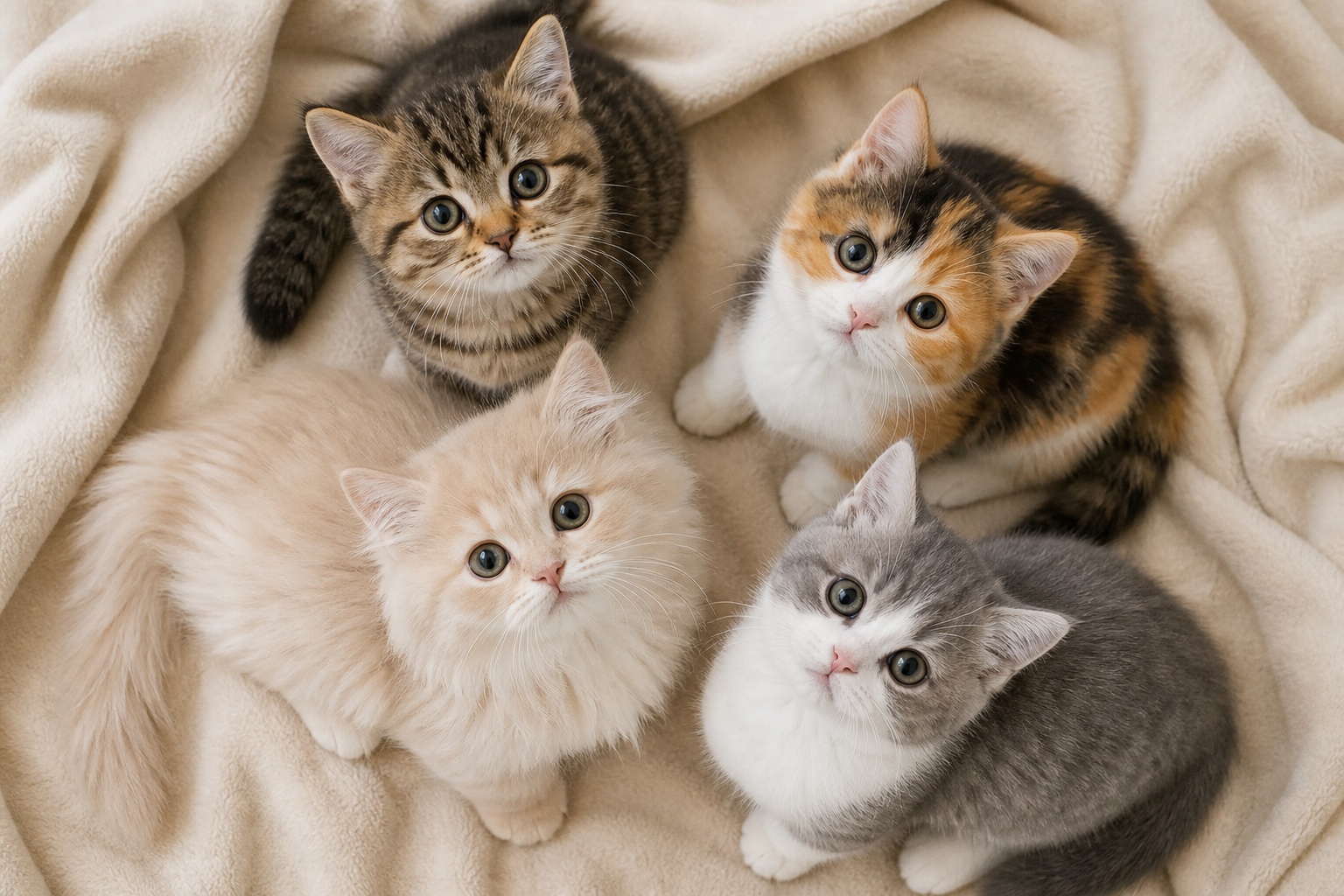 毛色・毛長が異なる4頭のマンチカン子猫を上から撮影した俯瞰写真