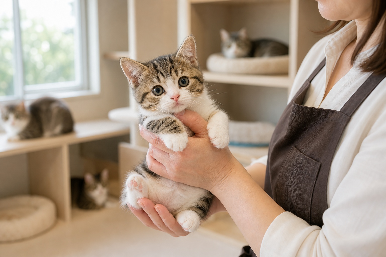 ブリーダーの手にやさしく抱かれる健康な短足マンチカン子猫