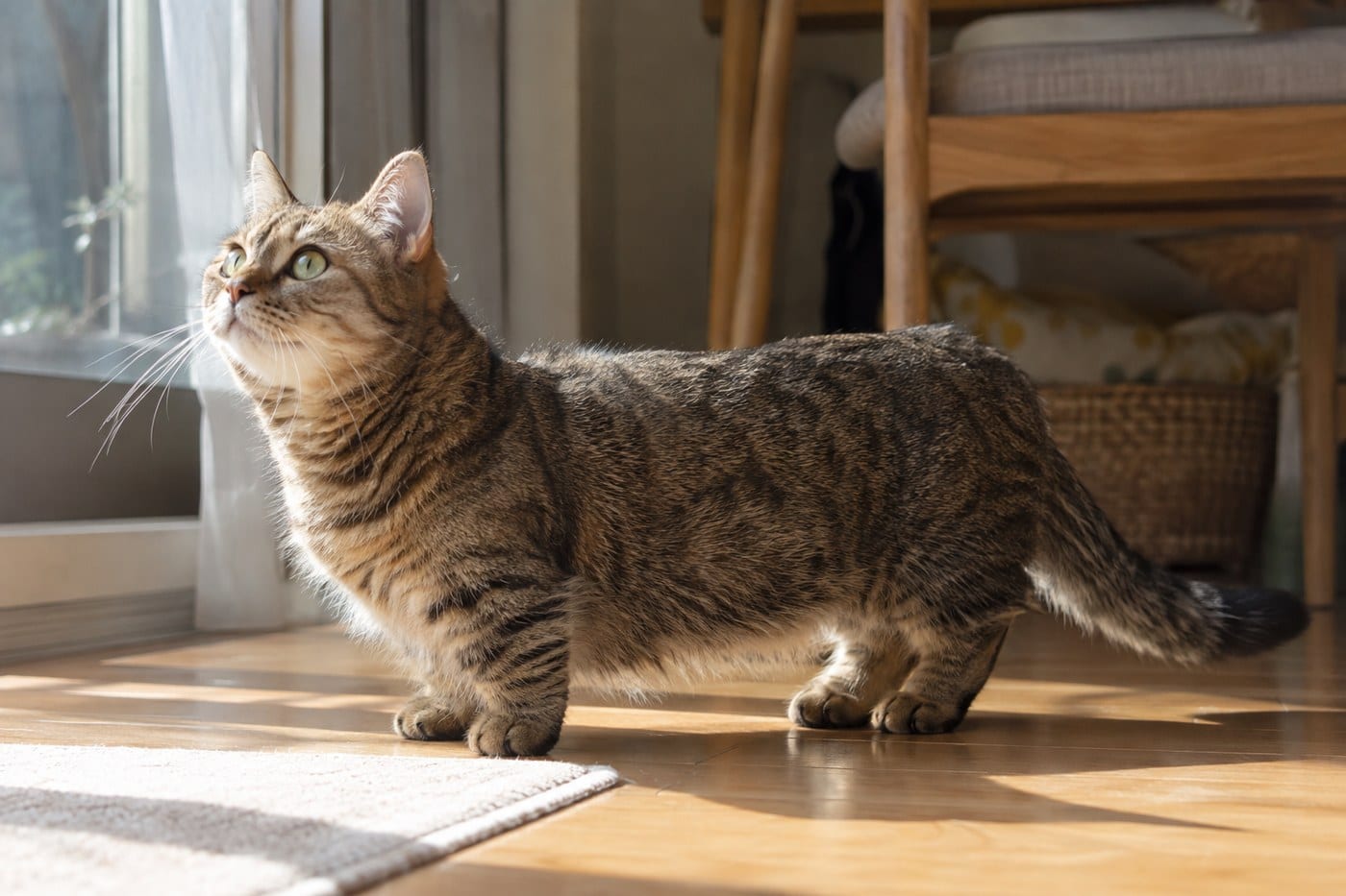 窓から光が入る室内の床に立つ、成猫のマンチカン。短い脚と、普通の猫と変わらない長さの胴が真横から見える全身写真