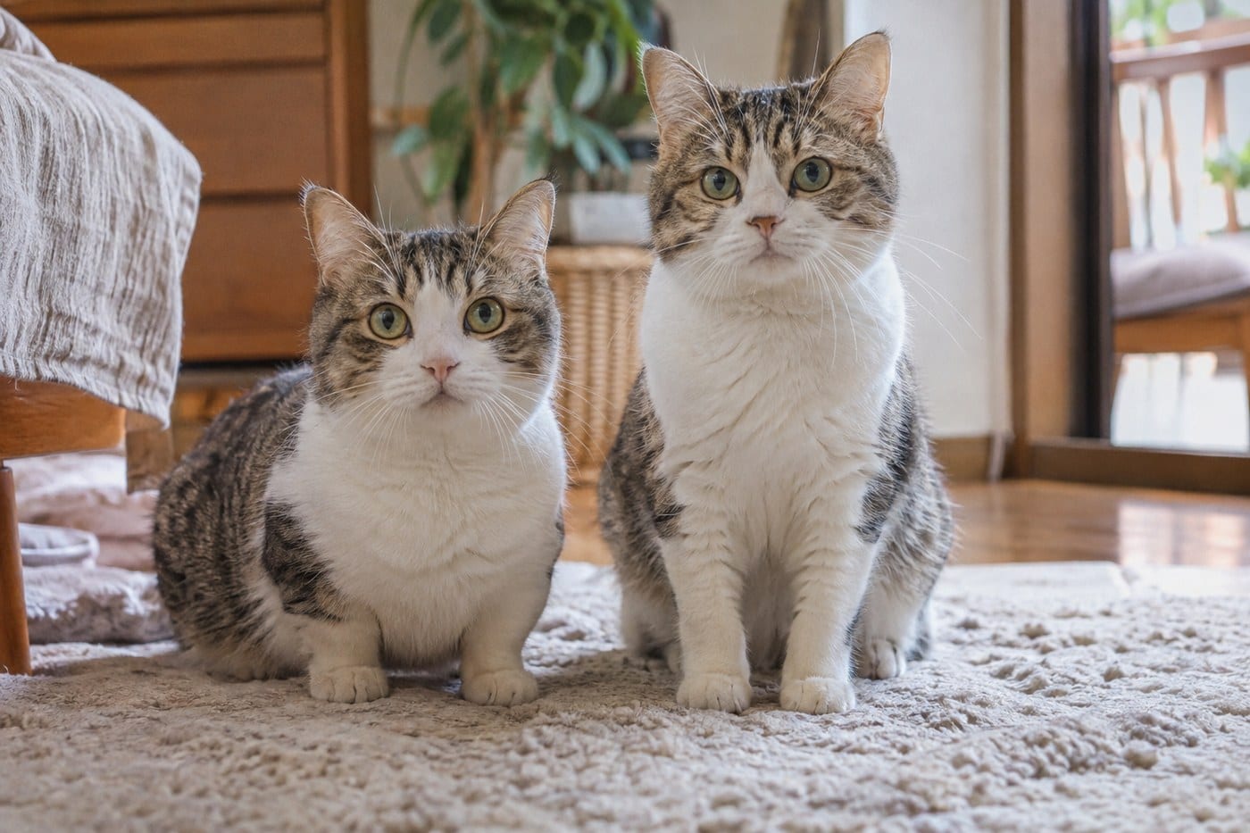 短足のマンチカンと足長のマンチカンの成猫が並んで座っている。胴の大きさは同じくらいで、脚の長さだけが違う