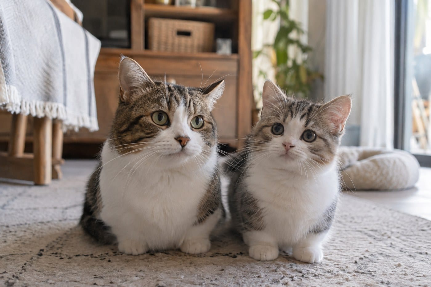 成猫のマンチカンの隣で、半年ほどのマンチカンが並んで座っている。体の大きさは近く、若い猫は顔つきにまだ幼さが残る