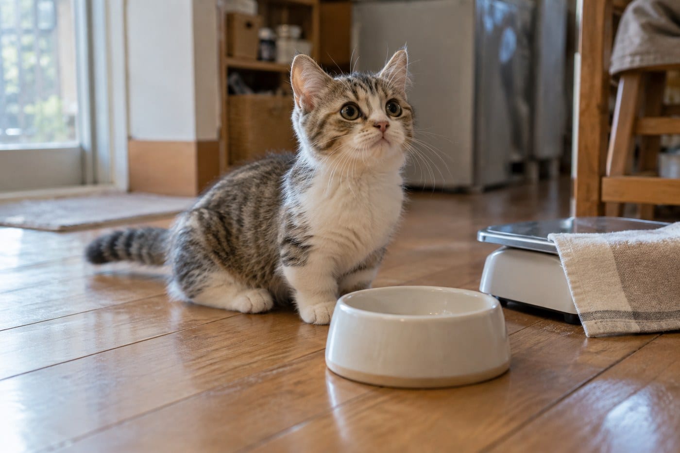 床に置いたキッチンスケールのそばで、空のごはん皿の前に座るマンチカンの子猫