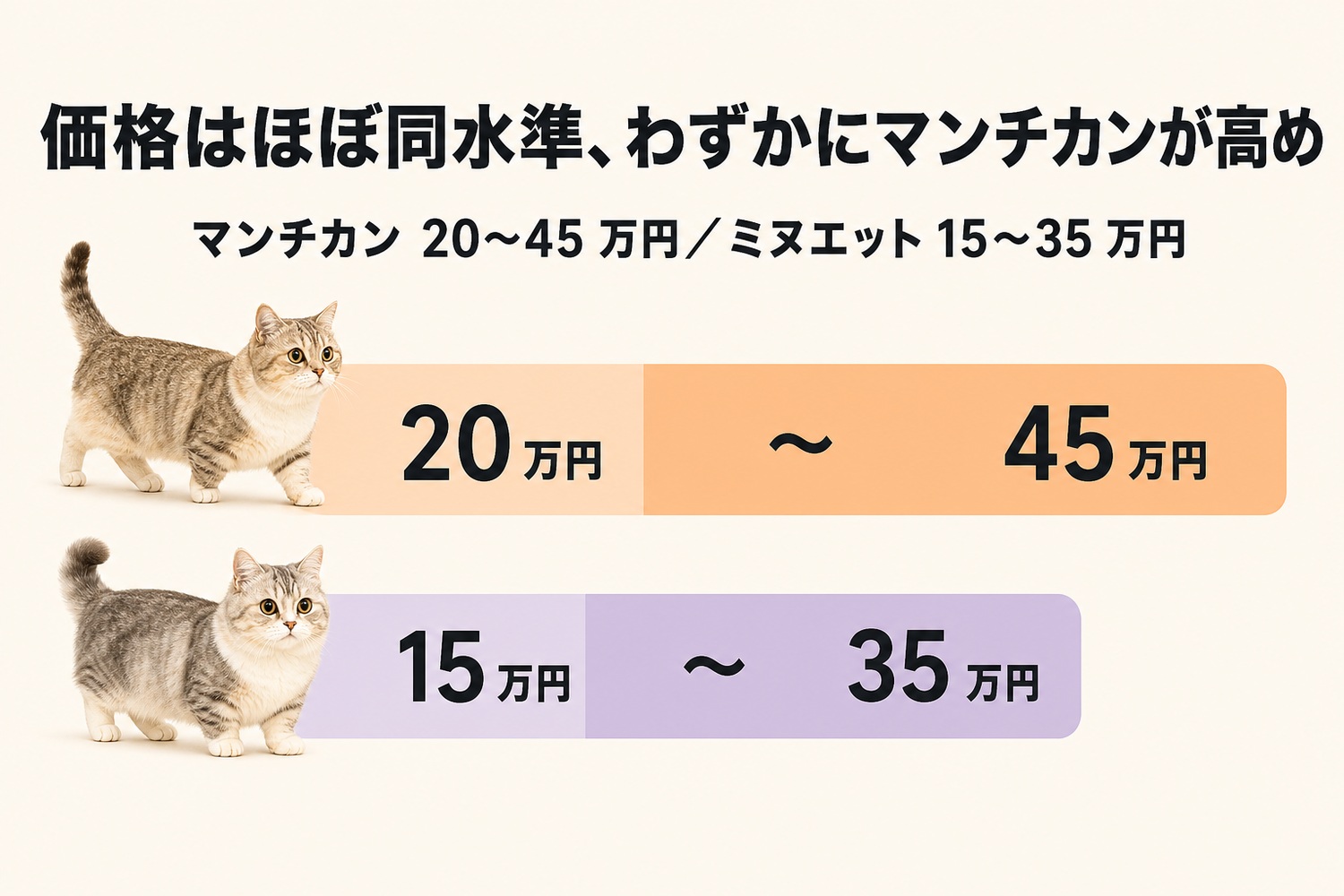 マンチカンとミヌエットの価格帯バー比較。価格はほぼ同水準、わずかにマンチカンが高め