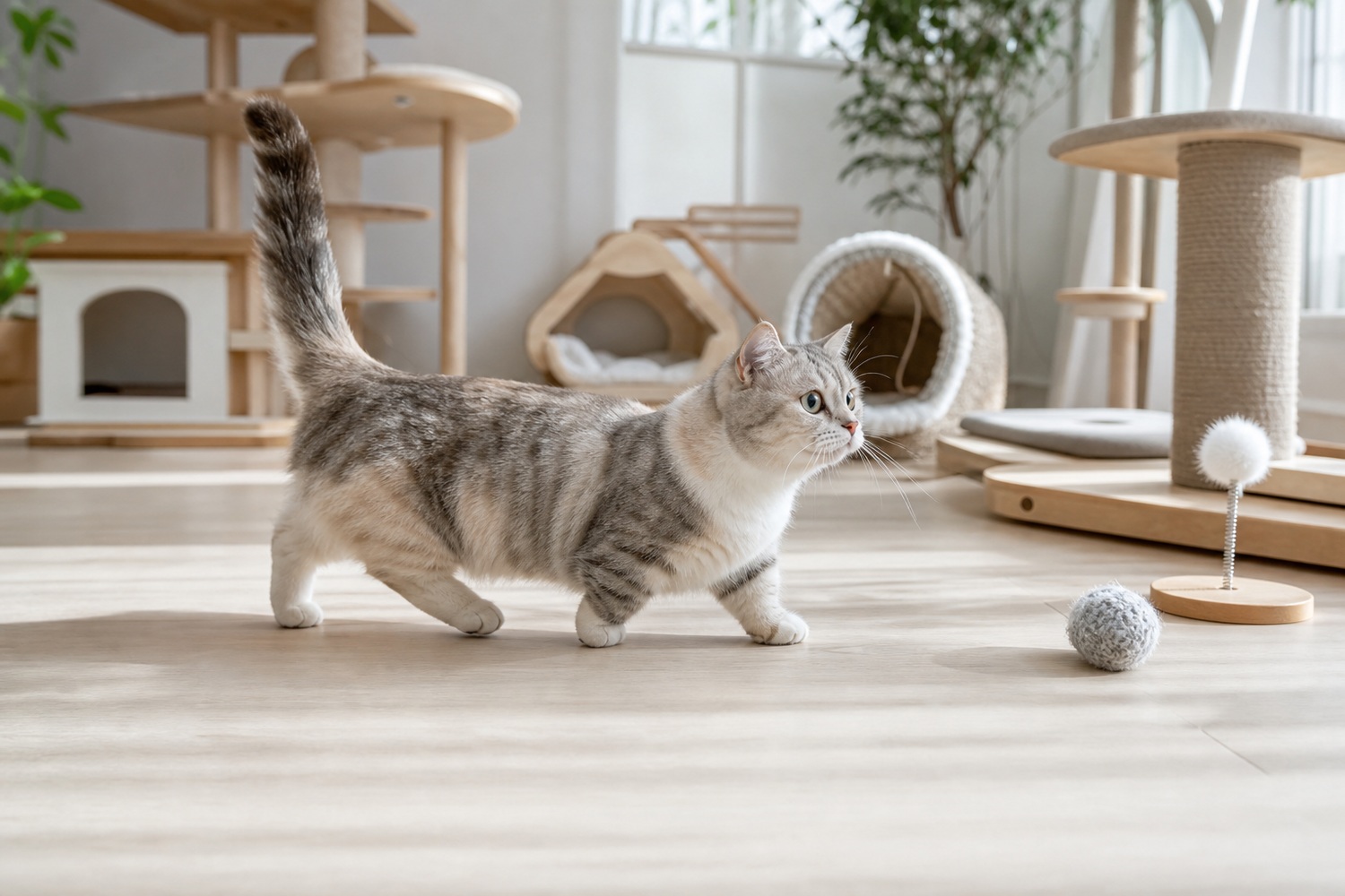 明るいキャッテリーを元気に歩く短足のマンチカン。短い足でも活発に日常を送る