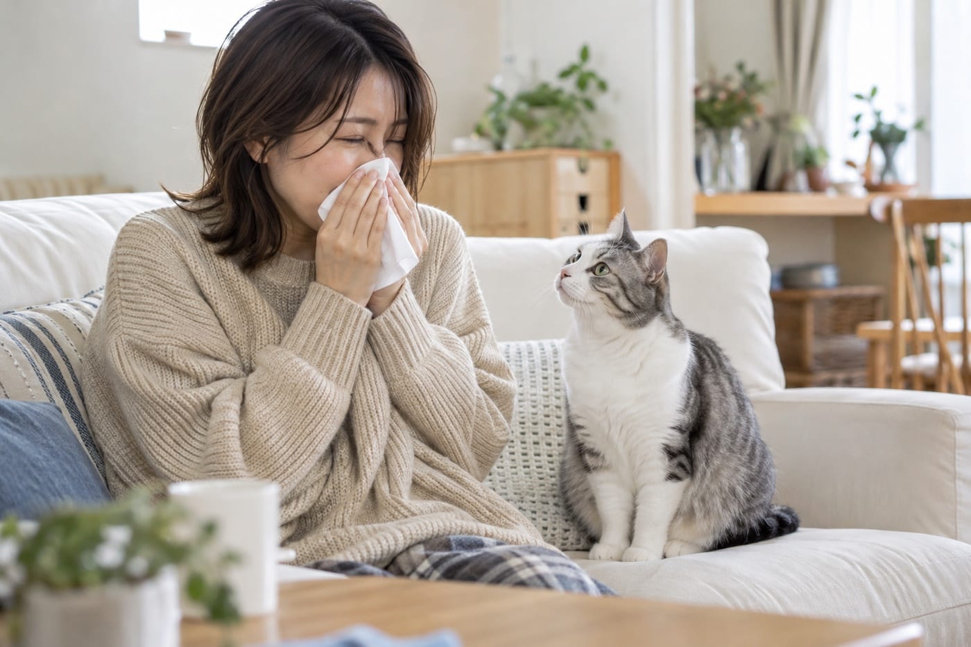 ソファで鼻にティッシュをあてる人と、その横で人を見上げる猫