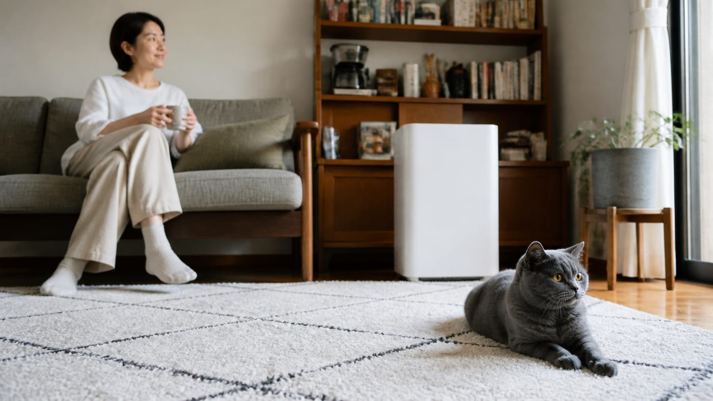 空気清浄機のあるリビングで、猫と少し距離を取ってソファに座る飼い主