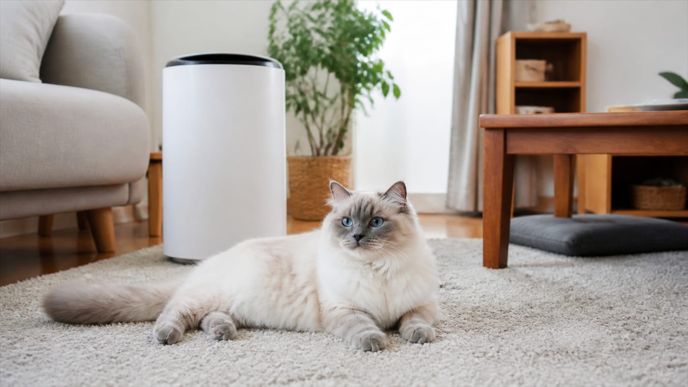 空気清浄機のある清潔なリビングでくつろぐ猫