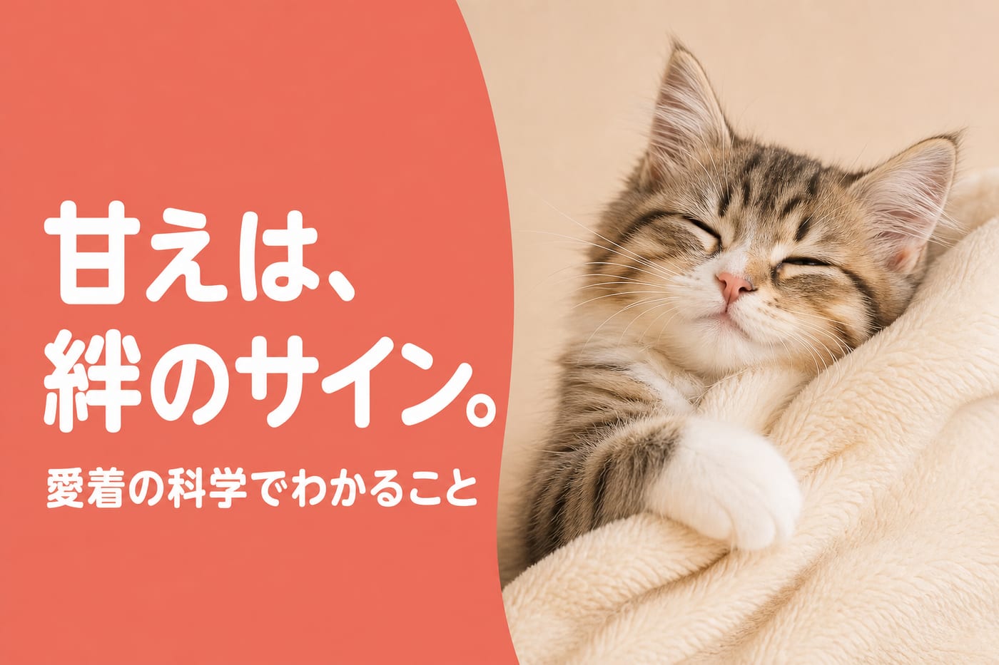 甘えは絆のサインと伝えるサーモン帯バナーと毛布に寄り添う子猫
