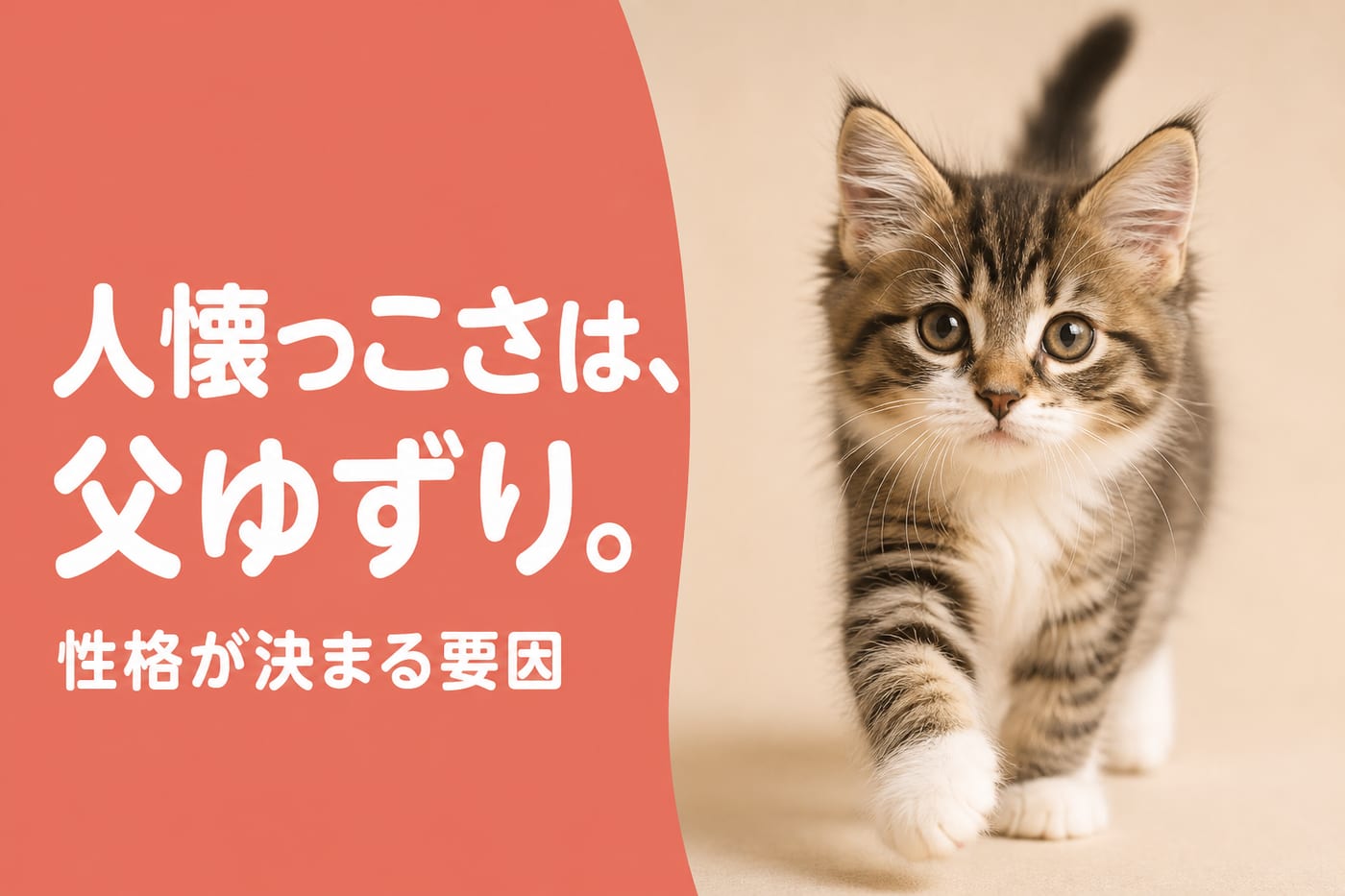 人懐っこさは父ゆずりと伝えるサーモン帯バナーと歩み寄ってくる子猫