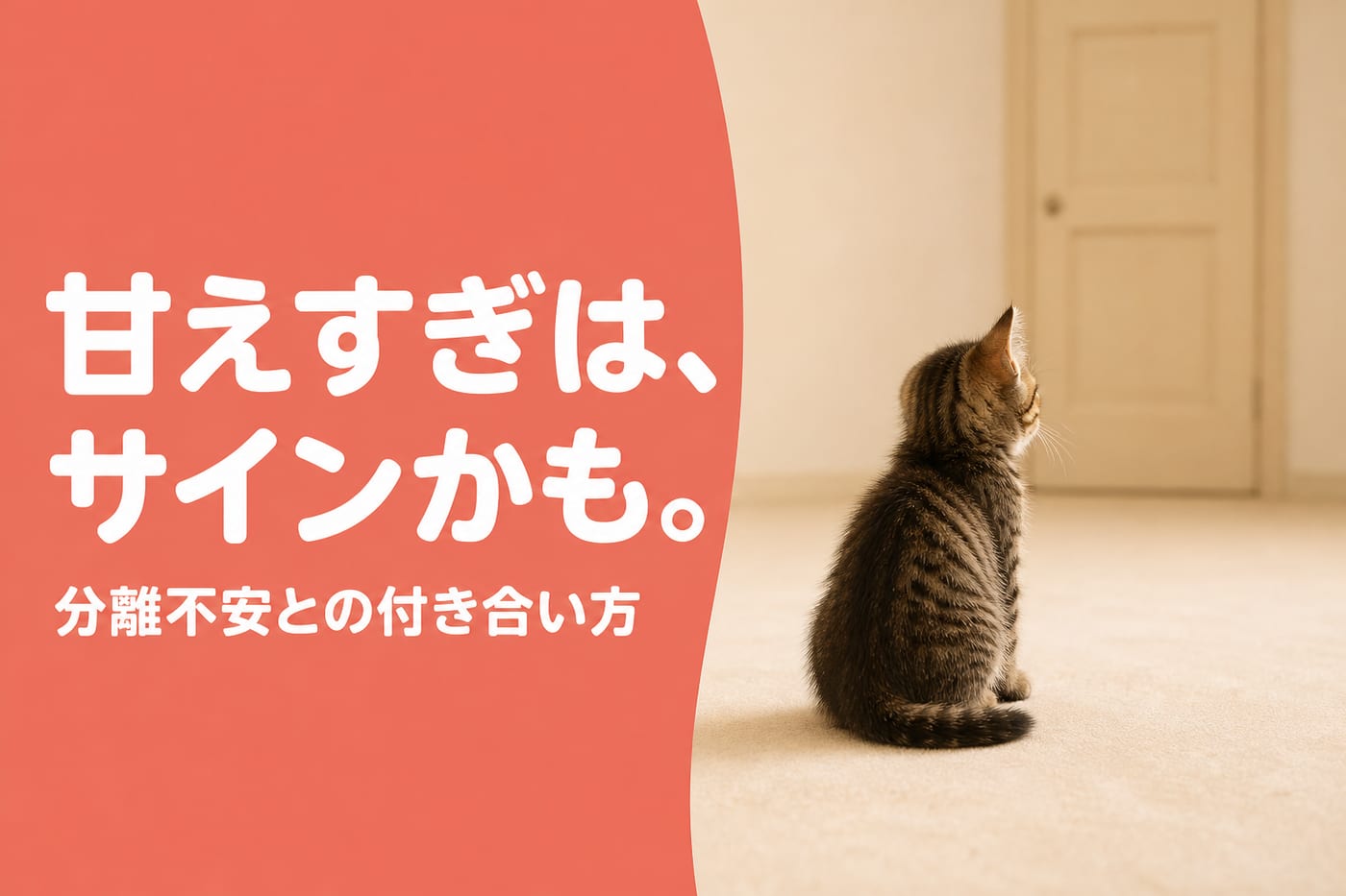 甘えすぎはサインかもと伝えるサーモン帯バナーとドアを見つめる子猫の後ろ姿