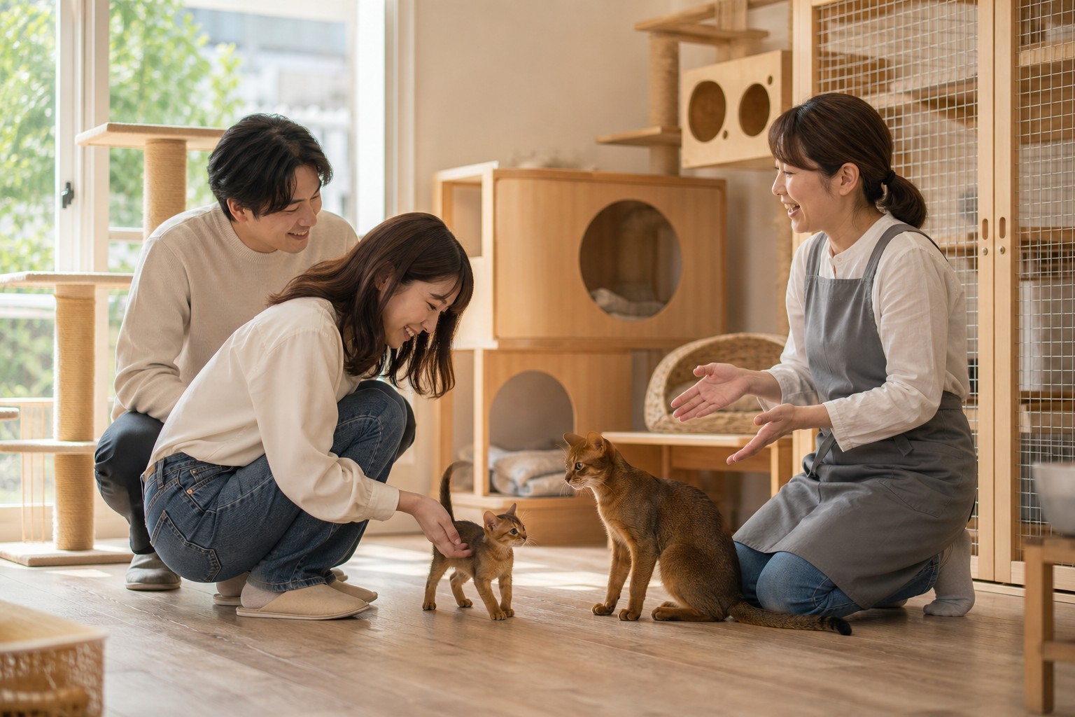 キャッテリーで親猫と子猫に対面する見学者