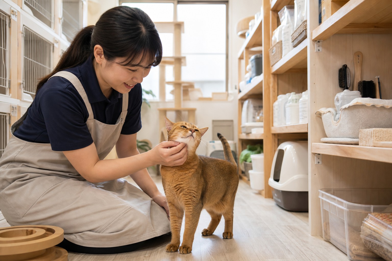 清潔に整えられたキャットルームと世話風景