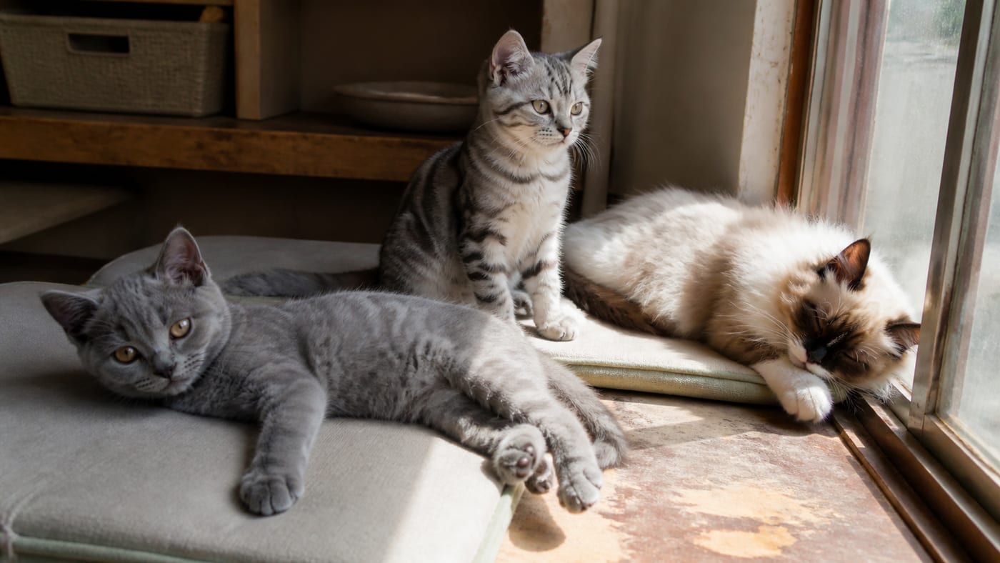 猫舎の窓辺で日向ぼっこをしている子猫たち