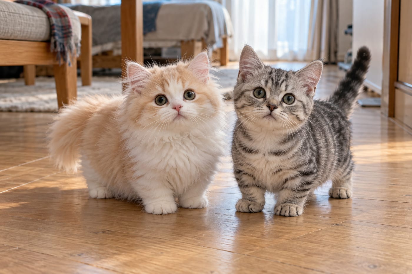 並んで座るミヌエットとマンチカンの子猫