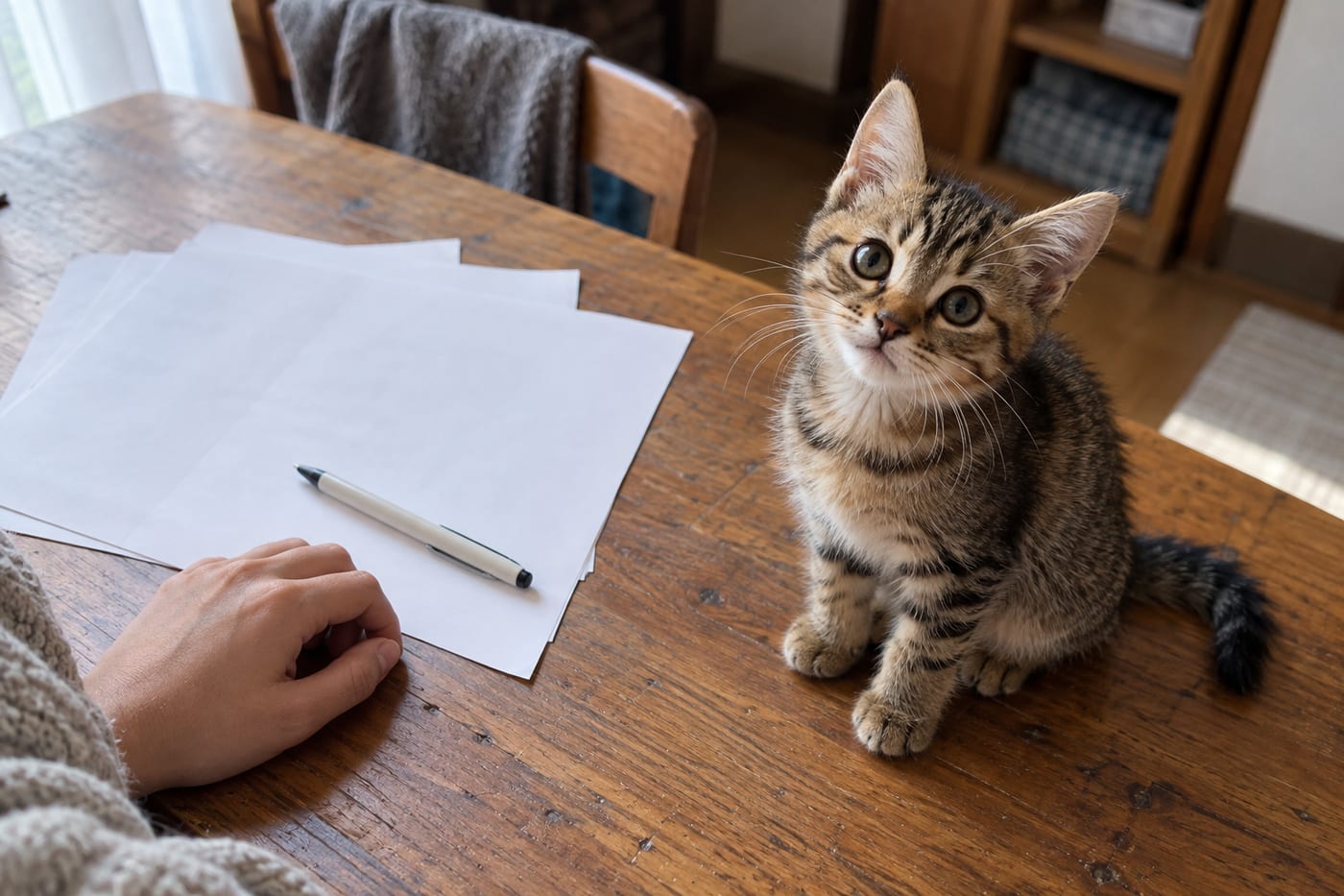 書類を広げた机の上で見上げる子猫