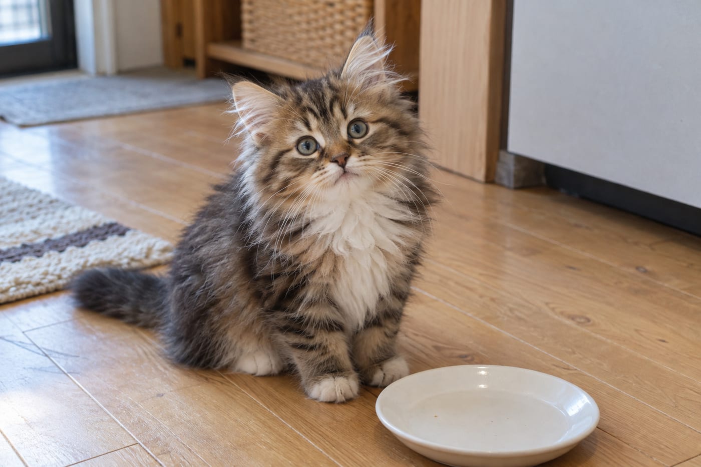 白いお皿の前に座るサイベリアンの子猫