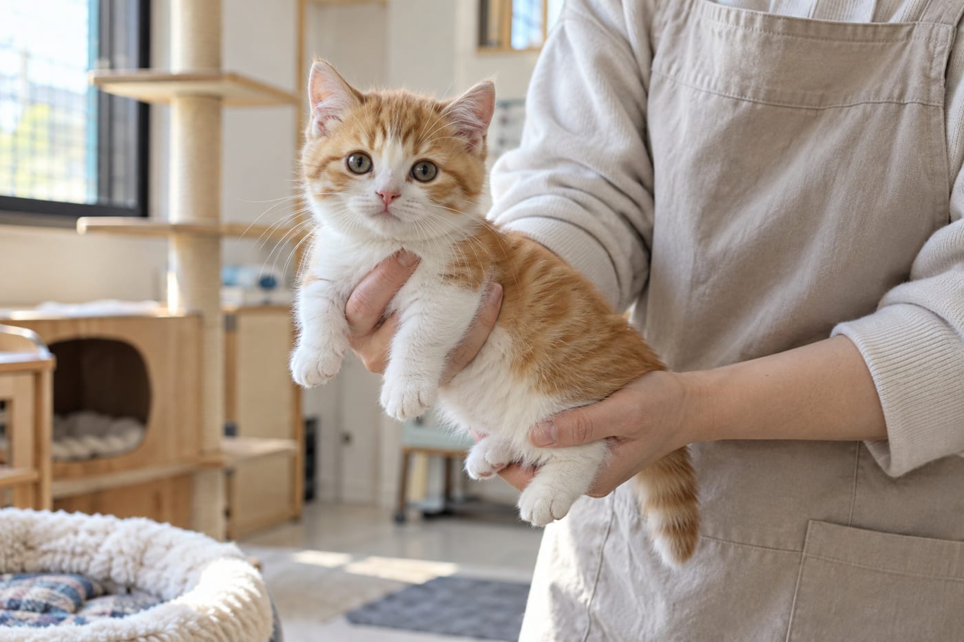 明るい部屋で、スタッフの手に支えられてこちらを見るマンチカンの子猫
