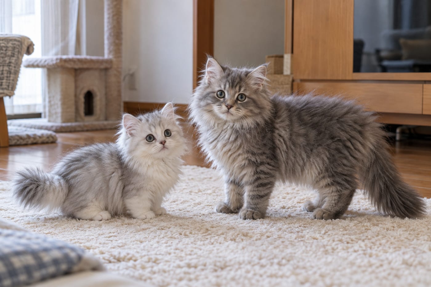 短い足のミヌエットと大きなサイベリアンの子猫が並ぶ写真