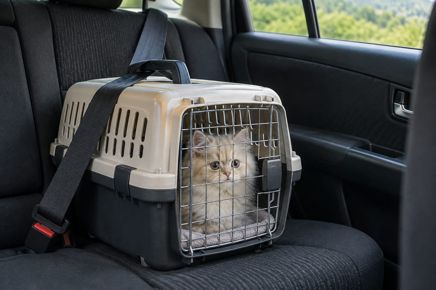 車の後部座席にシートベルトで固定したキャリーの中から、外を見るミヌエットの子猫