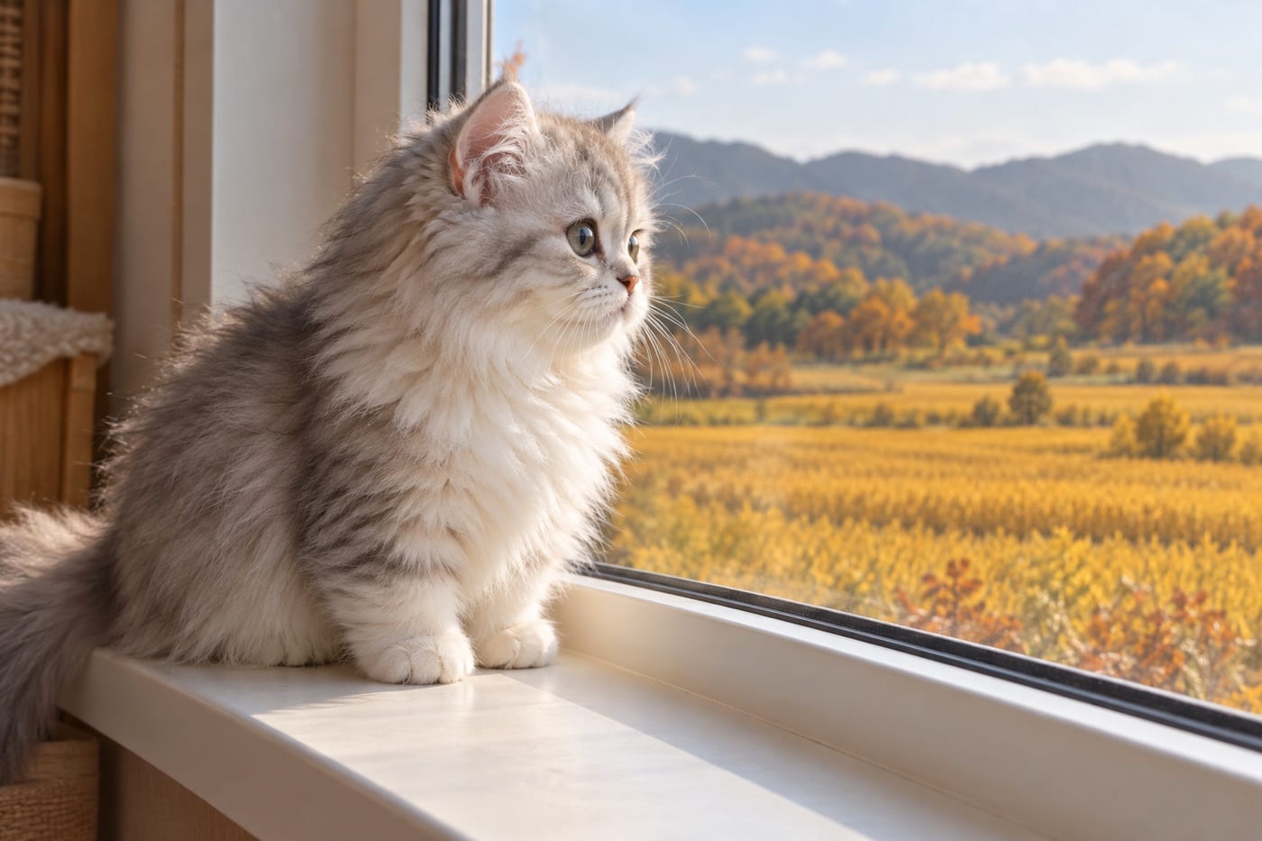 秋の田んぼと山並みが見える窓辺で、外を見るミヌエットの子猫