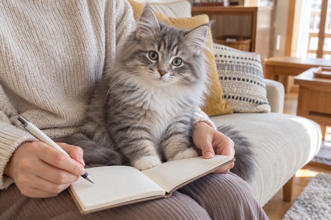 ノートを開いた人のひざの上で、こちらを見るサイベリアンの子猫