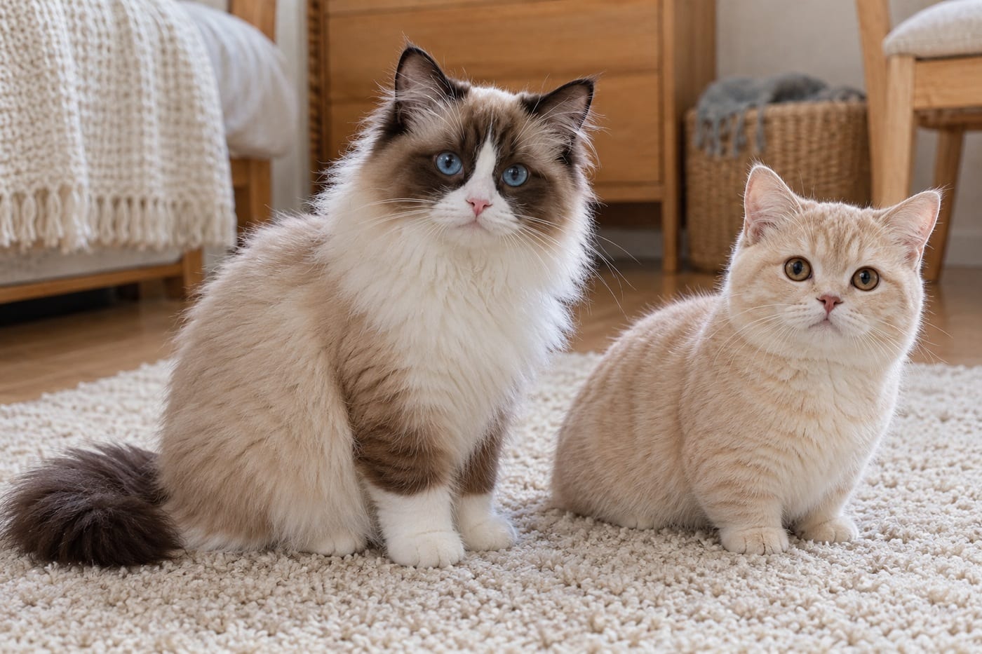 並んで座るラグドールの子猫と、足の短いクリーム色の子猫