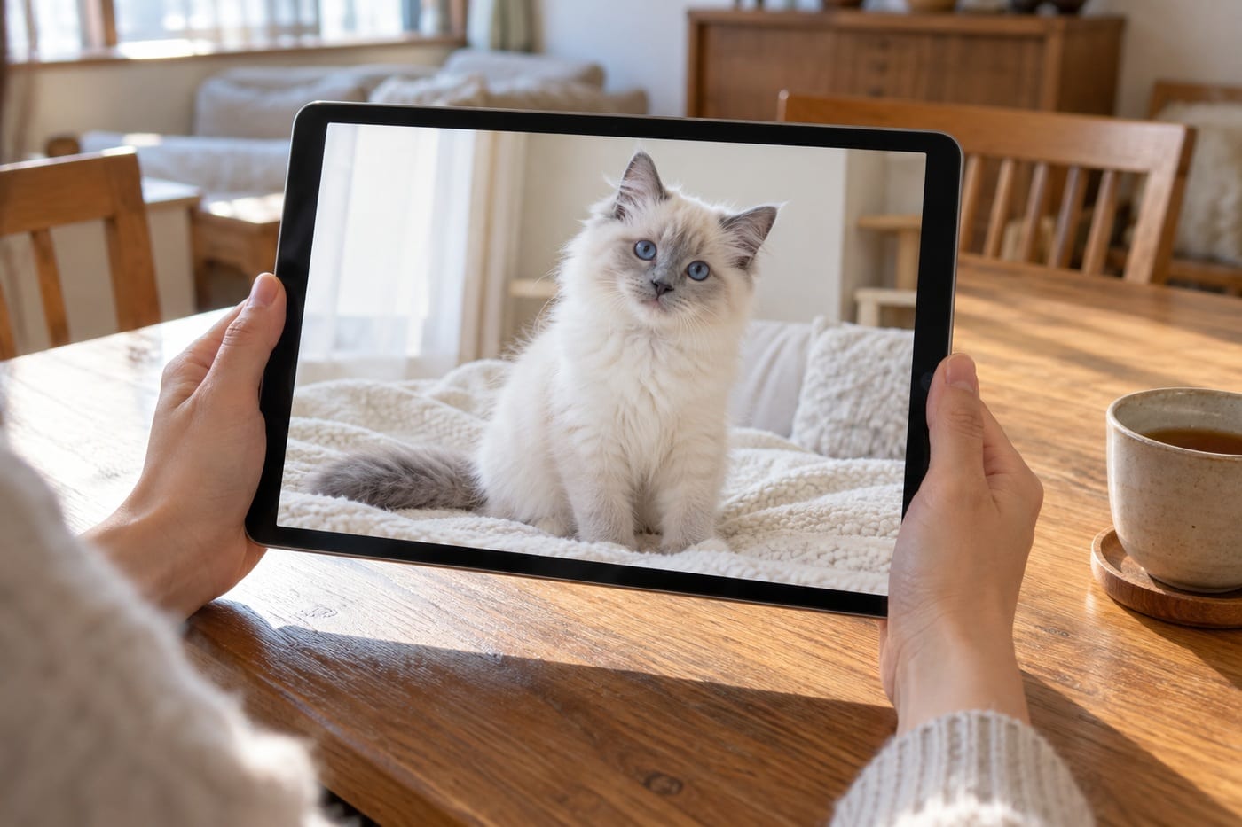 テーブルで手に持ったタブレットの画面に映る、ラグドールの子猫